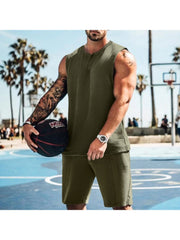 Men Solid Sleeveless Vest Two-Piece Shorts Sets