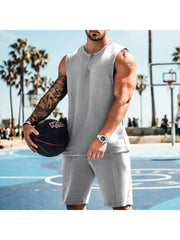 Men Solid Sleeveless Vest Two-Piece Shorts Sets