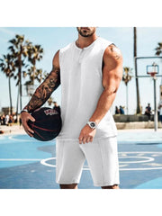 Men Solid Sleeveless Vest Two-Piece Shorts Sets