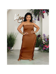 Plus Size Tassels Strapless Slit Maxi Dress