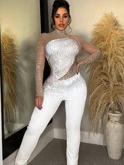 Solid Color Rhinestone Long Sleeve Long Pants Jumpsuit