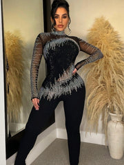 Solid Color Rhinestone Long Sleeve Long Pants Jumpsuit