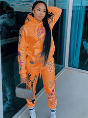Printed Hooded Long Sleeve Sweatshirt Two Piece Set