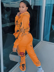 Printed Hooded Long Sleeve Sweatshirt Two Piece Set
