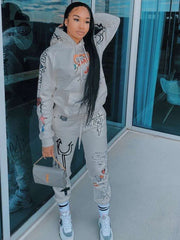 Printed Hooded Long Sleeve Sweatshirt Two Piece Set