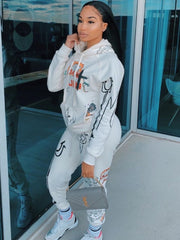 Printed Hooded Long Sleeve Sweatshirt Two Piece Set