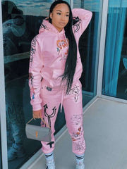 Printed Hooded Long Sleeve Sweatshirt Two Piece Set