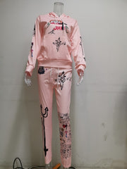 Printed Hooded Long Sleeve Sweatshirt Two Piece Set