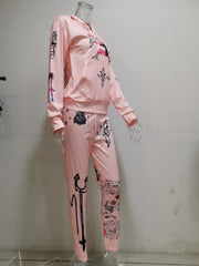 Printed Hooded Long Sleeve Sweatshirt Two Piece Set