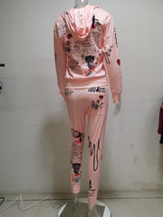 Printed Hooded Long Sleeve Sweatshirt Two Piece Set