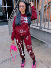 Printed Hooded Long Sleeve Sweatshirt Two Piece Set