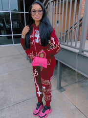 Printed Hooded Long Sleeve Sweatshirt Two Piece Set