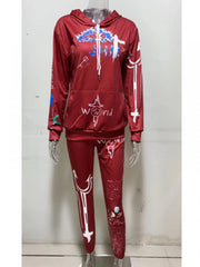 Printed Hooded Long Sleeve Sweatshirt Two Piece Set