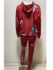 Printed Hooded Long Sleeve Sweatshirt Two Piece Set