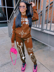 Printed Hooded Long Sleeve Sweatshirt Two Piece Set