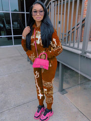 Printed Hooded Long Sleeve Sweatshirt Two Piece Set