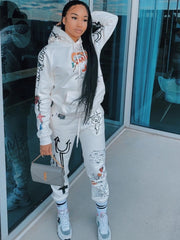 Printed Hooded Long Sleeve Sweatshirt Two Piece Set