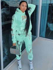 Printed Hooded Long Sleeve Sweatshirt Two Piece Set