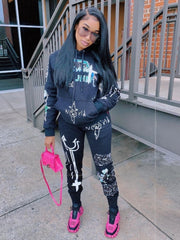 Printed Hooded Long Sleeve Sweatshirt Two Piece Set