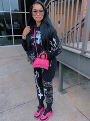 Printed Hooded Long Sleeve Sweatshirt Two Piece Set