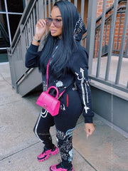 Printed Hooded Long Sleeve Sweatshirt Two Piece Set