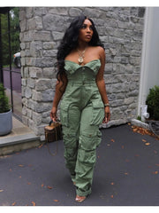 Solid Color Sleeveless Cargo Jumpsuit