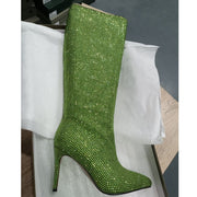 Hotfix Rhinestones Pointed Stiletto Knee-high Boots