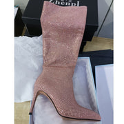 Hotfix Rhinestones Pointed Stiletto Knee-high Boots