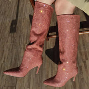 Hotfix Rhinestones Pointed Stiletto Knee-high Boots