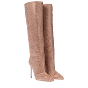 Hotfix Rhinestones Pointed Stiletto Knee-high Boots