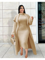 Solid Plush Sleeveless Dress Long Sleeve Cardigan 2PCS Sets
