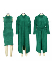 Solid Plush Sleeveless Dress Long Sleeve Cardigan 2PCS Sets