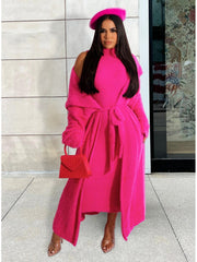 Solid Plush Sleeveless Dress Long Sleeve Cardigan 2PCS Sets