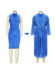 Solid Plush Sleeveless Dress Long Sleeve Cardigan 2PCS Sets