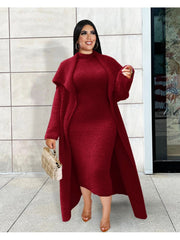 Solid Plush Sleeveless Dress Long Sleeve Cardigan 2PCS Sets