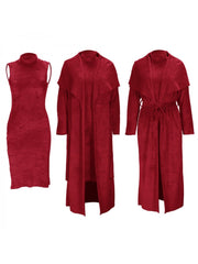 Solid Plush Sleeveless Dress Long Sleeve Cardigan 2PCS Sets