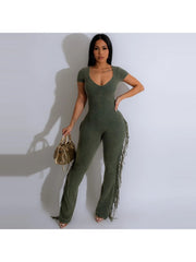 Fringe Short Sleeve Fitted Jumpsuit