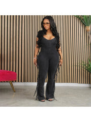 Fringe Short Sleeve Fitted Jumpsuit