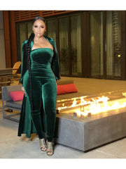 Velvet Solid Strapless Jumpsuit Cardigan Suit