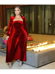 Velvet Solid Strapless Jumpsuit Cardigan Suit