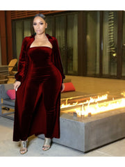 Velvet Solid Strapless Jumpsuit Cardigan Suit