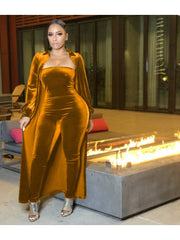 Velvet Solid Strapless Jumpsuit Cardigan Suit