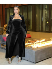Velvet Solid Strapless Jumpsuit Cardigan Suit