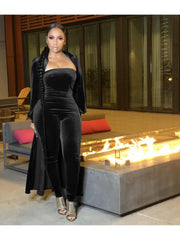 Velvet Solid Strapless Jumpsuit Cardigan Suit