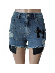 Cross Rivet Patchwork Distressed Denim Shorts