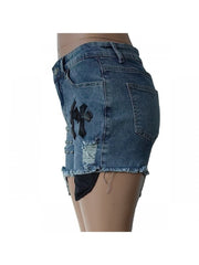 Cross Rivet Patchwork Distressed Denim Shorts