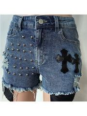 Cross Rivet Patchwork Distressed Denim Shorts