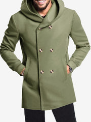 Solid Color Hooded Fitted Double-breasted  Coat