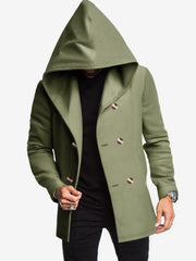 Solid Color Hooded Fitted Double-breasted  Coat