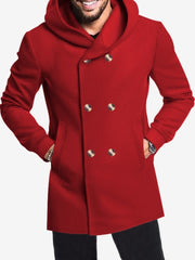 Solid Color Hooded Fitted Double-breasted  Coat